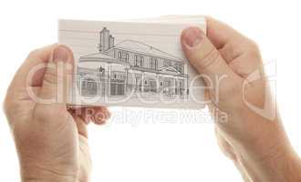 Male Hands Holding Stack of Flash Cards with House Drawing