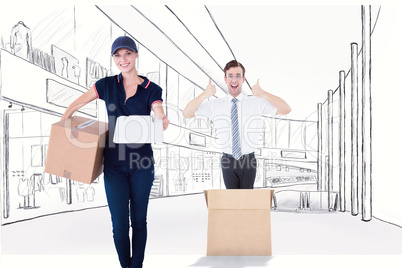 Composite image of happy delivery woman holding cardboard box an