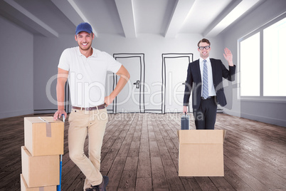 Composite image of happy delivery man leaning on trolley of boxe