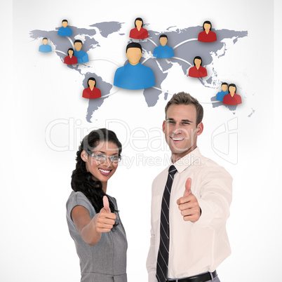 Composite image of happy business people looking at camera with
