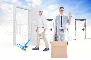 Composite image of confident delivery man pushing empty trolley