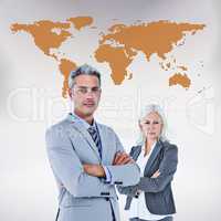 Composite image of  smiling businesswoman and man with arms cros