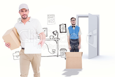 Composite image of delivery man with cardboard box showing clipb