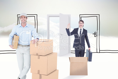 Composite image of handsome delivery man leaning on stacked card