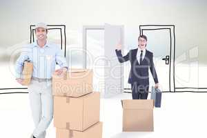 Composite image of handsome delivery man leaning on stacked card