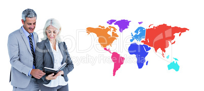 Composite image of  smiling businesswoman and man with a noteboo