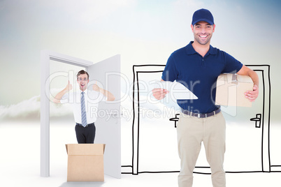 Composite image of happy delivery man with cardboard box and cli