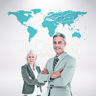 Composite image of  smiling businesswoman and man with arms cros