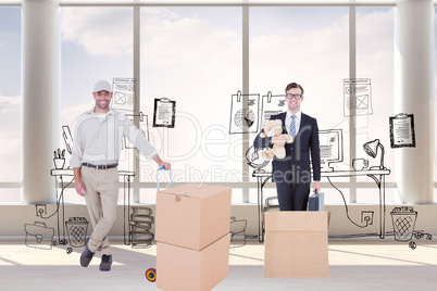 Composite image of confident delivery man with cardboard boxes