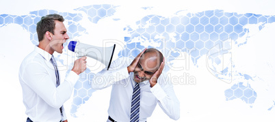 Composite image of businessman yelling with a megaphone at his c