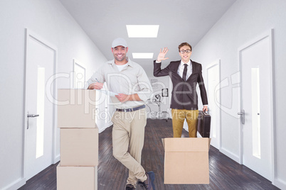 Composite image of delivery man with clipboard leaning on cardbo