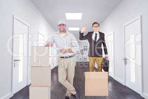 Composite image of delivery man with clipboard leaning on cardbo