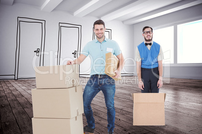 Composite image of courier man with cardboard boxes