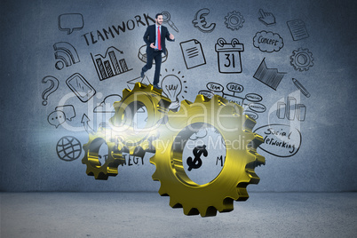 Composite image of smiling young businessman in suit running