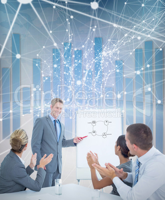 Composite image of manager presenting whiteboard to his colleagu