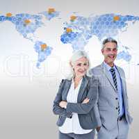 Composite image of  smiling businesswoman and man with arms cros