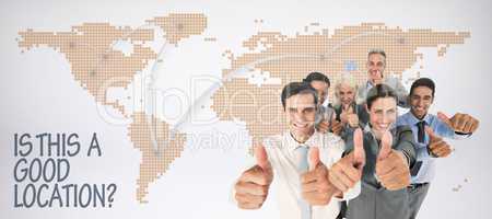 Composite image of happy business people looking at camera with