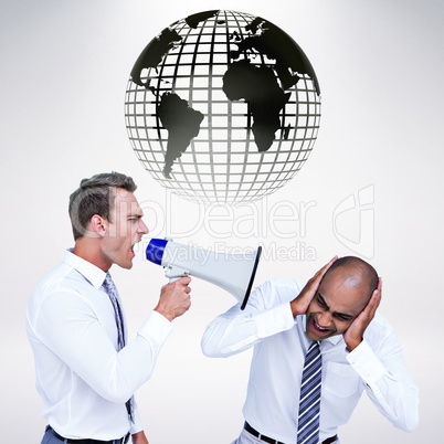 Composite image of businessman yelling with a megaphone at his c