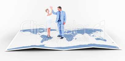 Composite image of businessman and businesswoman greeting each o