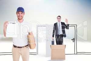 Composite image of happy delivery man holding cardboard box and