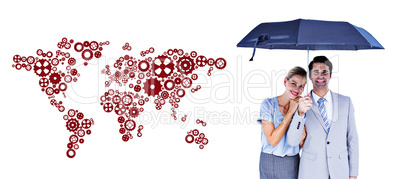 Composite image of business people holding a black umbrella