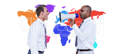 Composite image of businessman yelling with a megaphone at his c