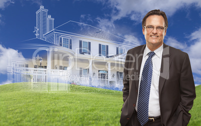 Smiling Businessman with Ghosted House Drawing Behind