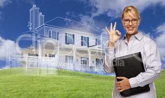 Businesswoman Making Okay Hand Sign with Ghosted House Drawing B