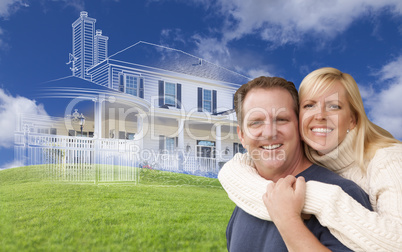 Hugging Couple with Ghosted House Drawing Behind
