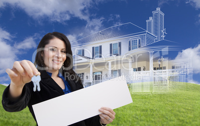 Woman Holding Keys, Blank Sign with Ghosted House Drawing Behind