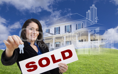 Woman Holding Keys, Sold Sign with Ghosted House Drawing Behind