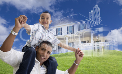 Hispanic Father and Son with Ghosted House Drawing Behind