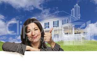 Thumbs Up Hispanic Woman with Ghosted House Drawing Behind