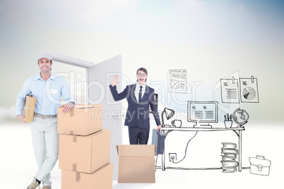 Composite image of handsome delivery man leaning on stacked card