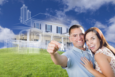 Military Couple Holding House Keys with Ghosted House Drawing Be