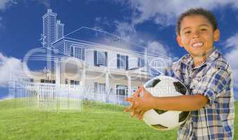Mixed Race Boy Holding Ball with Ghosted House Drawing Behind