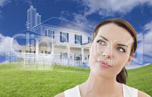 Mixed Race Female Looks Over to Ghosted House Drawing Behind