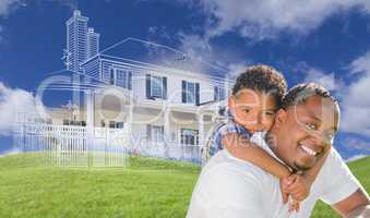 Mixed Race Father and Son with Ghosted House Drawing Behind