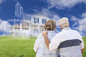 Senior Couple Faces Ghosted House Drawing, Green Grass Hill Behi