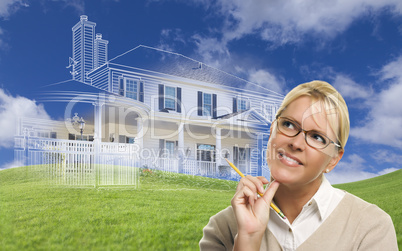 Smiling Woman Holding Pencil Looking to Ghosted House Drawing Be