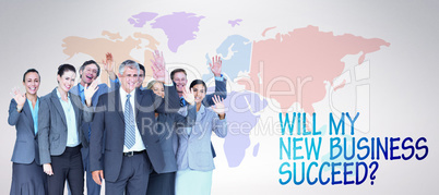 Composite image of smiling business team waving at camera