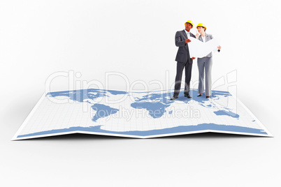 Composite image of business people wearing hard hats are discuss