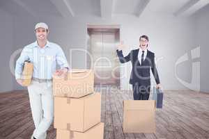 Composite image of handsome delivery man leaning on stacked card