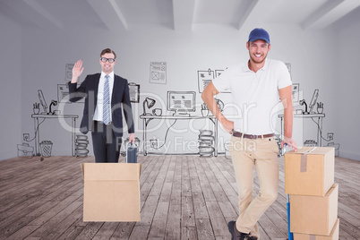 Composite image of happy delivery man leaning on trolley of boxe