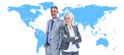 Composite image of  smiling businesswoman and man with arms cros