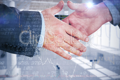 Composite image of two people going to shake their hands