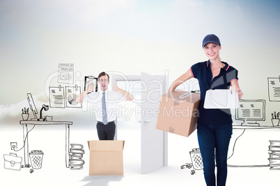 Composite image of happy delivery woman holding cardboard box an