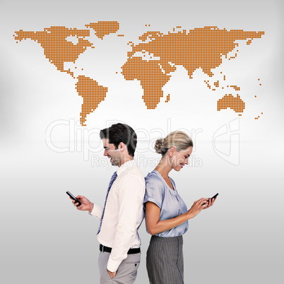 Composite image of business people using smartphone back to back