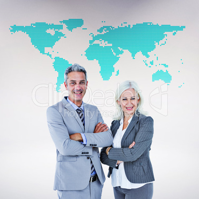 Composite image of  smiling businesswoman and man with arms cros