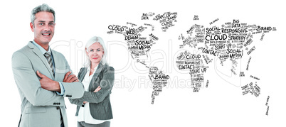 Composite image of  smiling businesswoman and man with arms cros